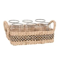 Maisons Du Monde Composition Verres Imprimés Liseret Noir (x6) Et Support Panier En Jonc De Mer Beige Et Noir