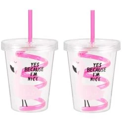 Maisons Du Monde Gobelet Avec Paille Tourbillon En Plastique Rose Imprimé 0,35L - Lot De 2