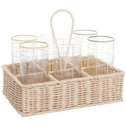 Maisons Du Monde Gobelets En Verre Motifs à Carreaux Jaune Clair Et Vert Amande (x6) Panier En Fibre Végétale