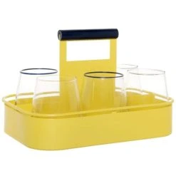Maisons Du Monde Gobelets En Verre Transparent Liseré Bleu Et Support En Métal Jaune
