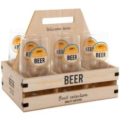 Maisons Du Monde Verres à Bière Avec Inscriptions Multicolores (x6) Support En Bois D'eucalyptus